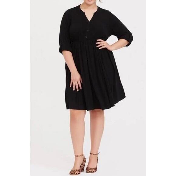 Torrid Dress Women's 2X Plus Black Challis Button Front Long Sleeve Rolled Tab - Picture 4 of 11
